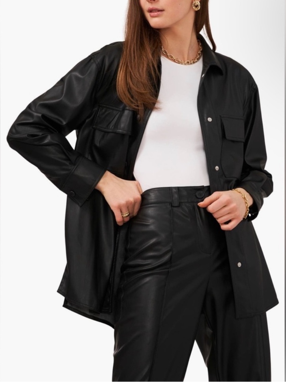 Vince Camuto Women’s Black Faux Leather Button Front Shirt Jacket, Sz L